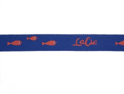 2cm high tenacity poly blue jacquard trim with logo